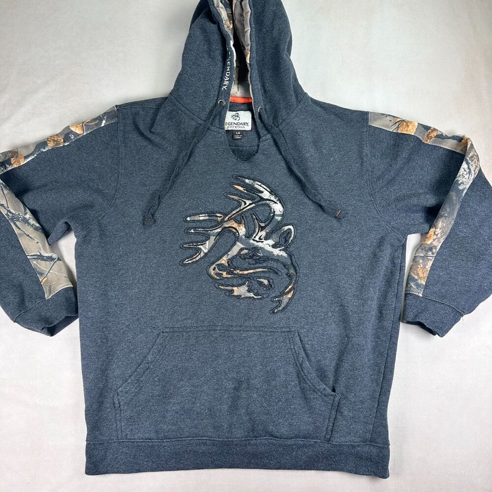 Legendary Whitetails Mens L Realtree Camo Buck Deer Hunting Hoodie Pullover Gray